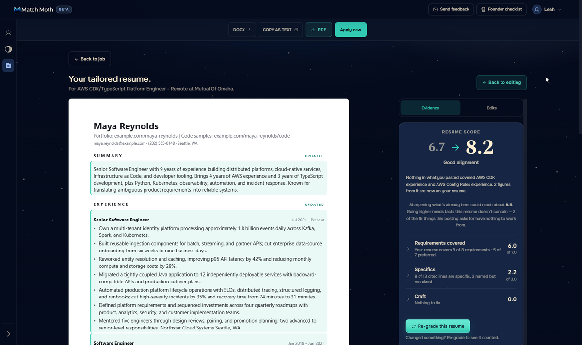 Match Moth's tailored resume view: a resume rewritten for an AWS platform engineer role, its summary and experience sections marked Updated, beside a resume score panel moving from 6.7 to 8.2 with sub-scores for requirements covered, specifics, and craft, and a note naming the two requirements the resume has no evidence for.